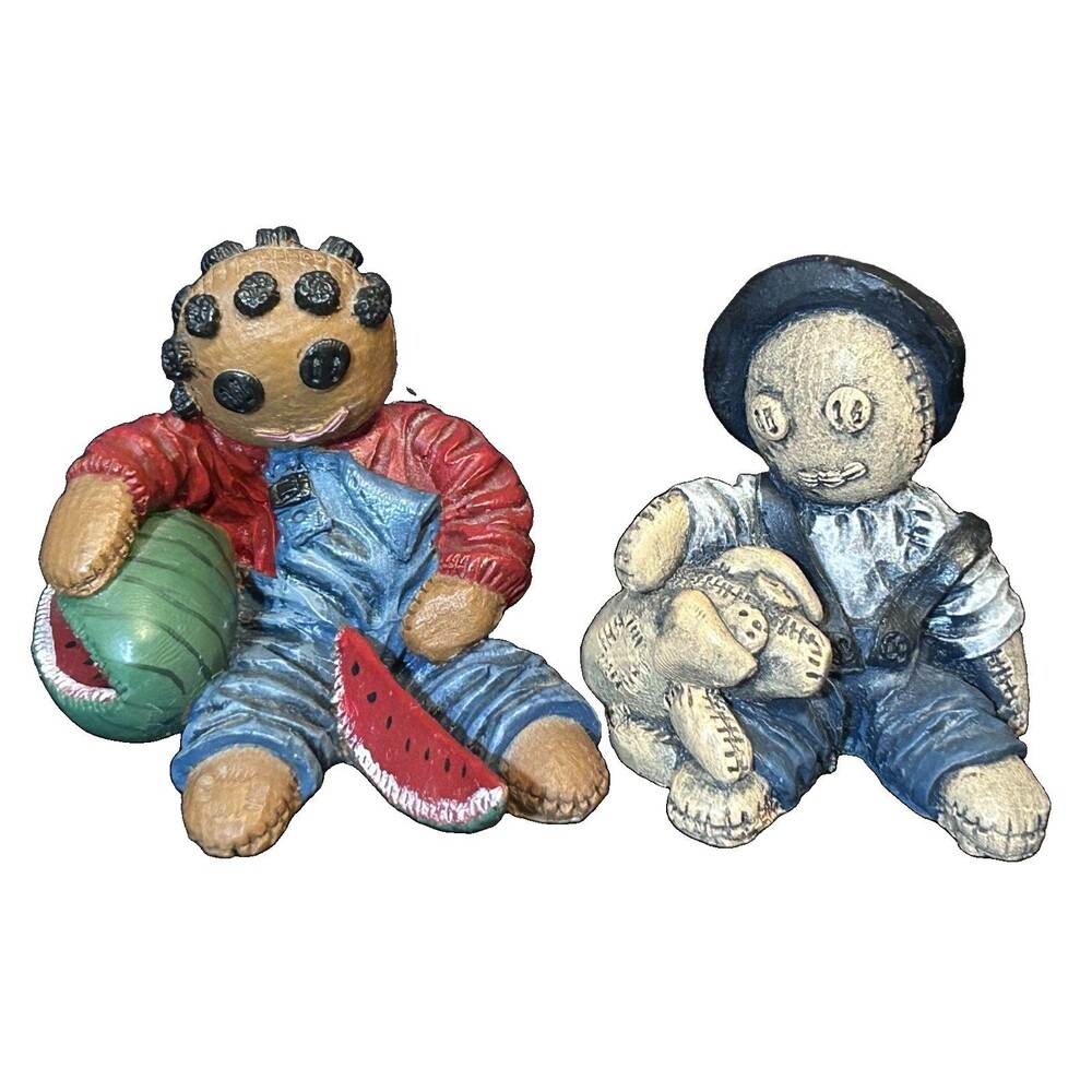 2 Primitive Gothic Voodoo Doll Resin Figurines Button Eye Teddy Watermelon Decor